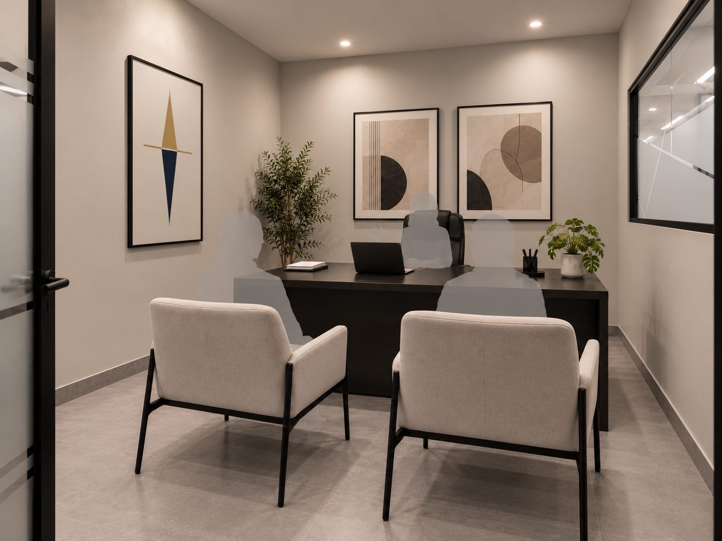 Oficina privada de CoWorking Pacific en Jacó, Costa Rica, con escritorio ejecutivo y dos sillas para visitantes